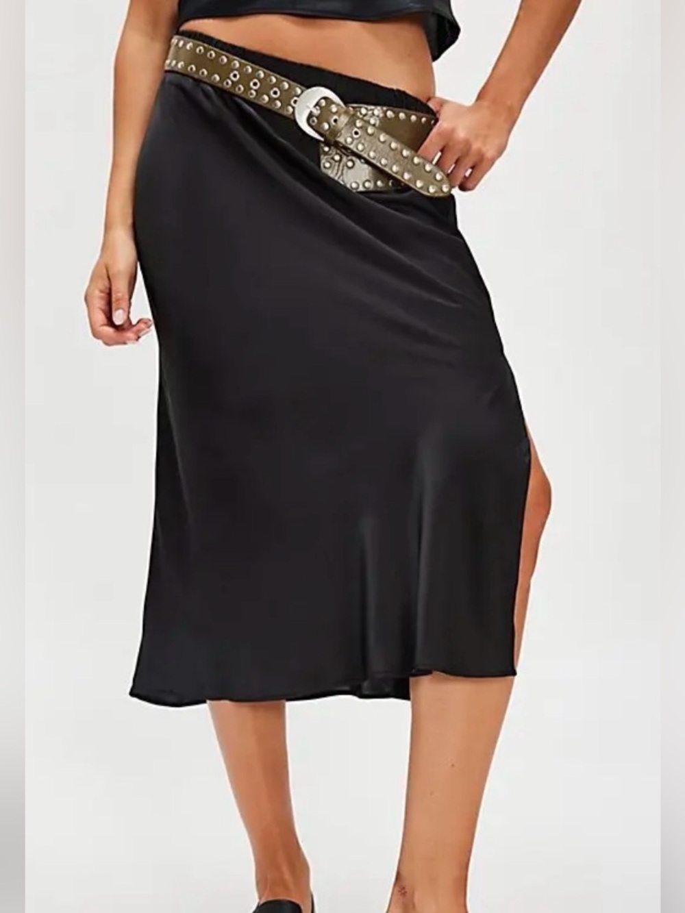 Free People Black Satin Midi Slip Skirt with Side Slit